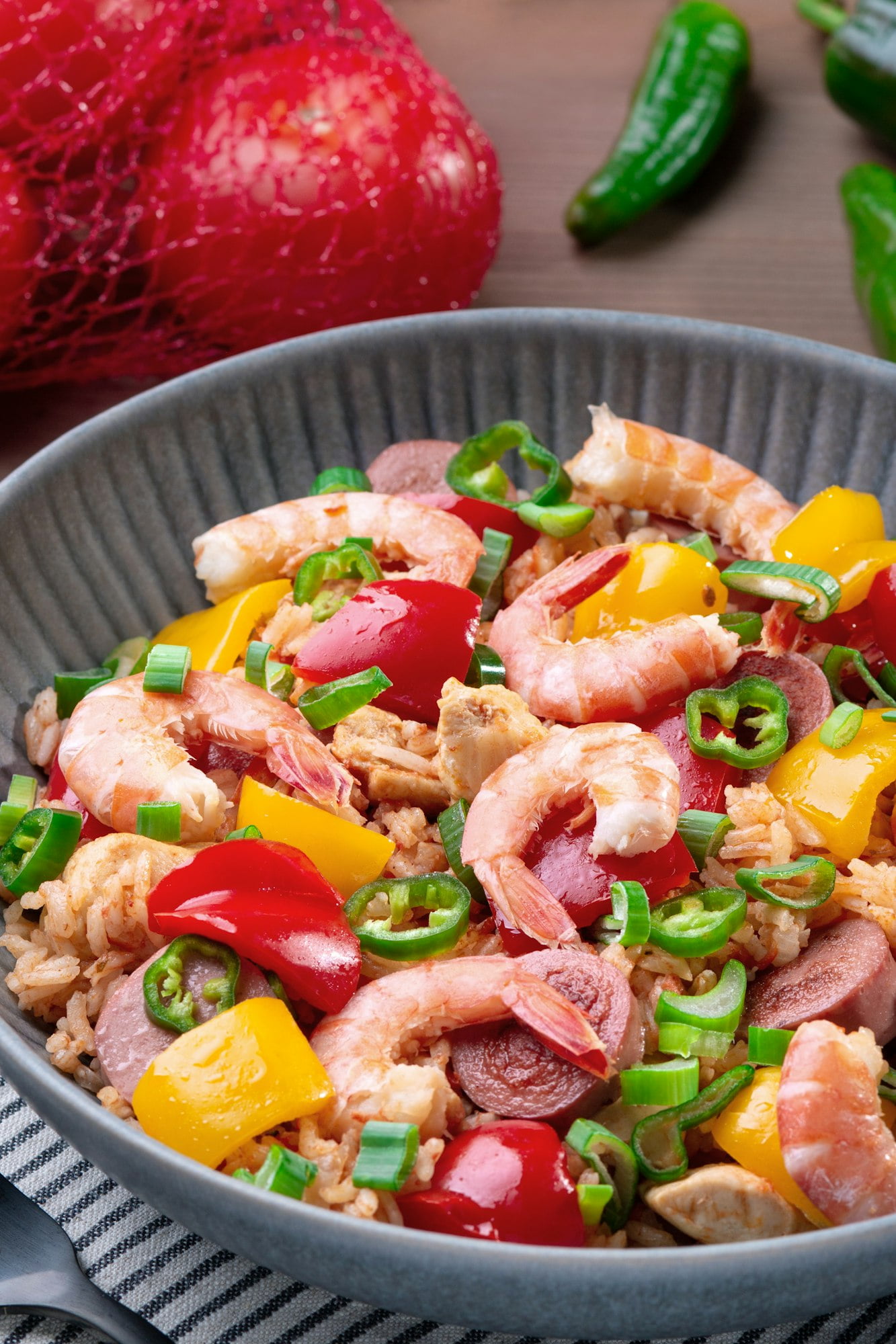 Jambalaya rice with chicken, shrimp, sausage and vegetables